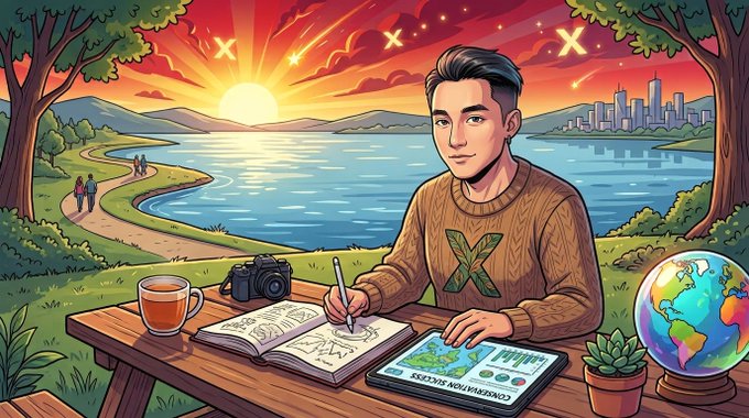 A cartoon-style illustration of a man with dark hair writing in a notebook at a wooden picnic table, with a camera, coffee cup, tablet, globe, and a scenic sunset lake view behind him.