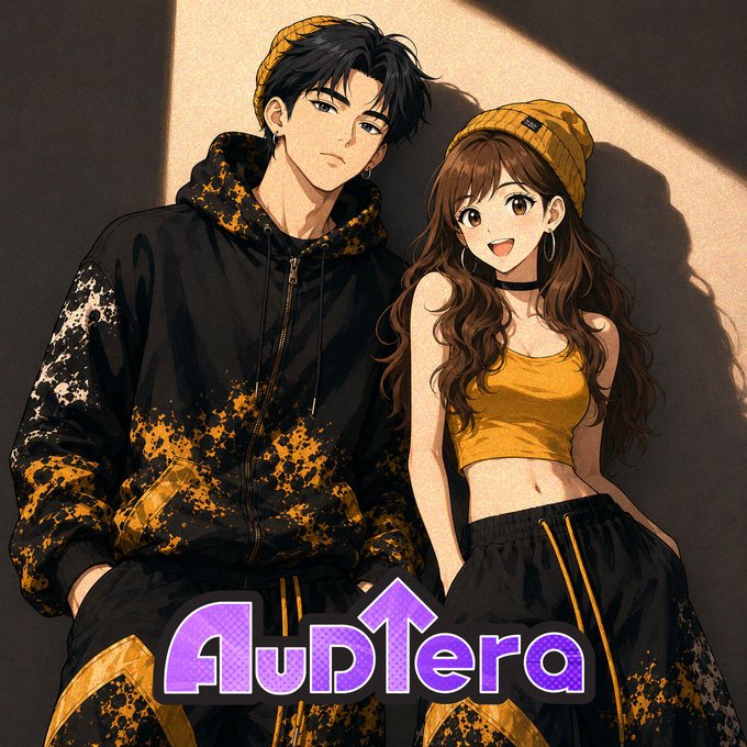 An anime illustration depicts a young man in a black and gold patterned hoodie and a smiling young woman in a yellow top and beanie, with the text 'AudTera' in purple at the bottom.