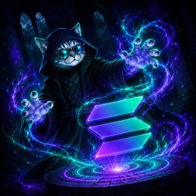 Digital fantasy artwork of a hooded cat with glowing sunglasses casting neon purple and teal magic over a Solana (SOL) logo on a stone pedestal.