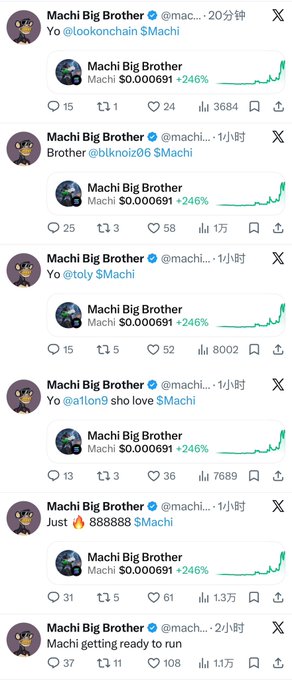 The image shows a series of tweets from the account "Machi Big Brother" (@machibigbrother) repeatedly promoting his meme coin "$Machi" with a +246% price gain, alongside engagement numbers showing high view counts (3,684 to 1.3万 views). This visual supports the caption's commentary about the account aggressively shilling his own meme coin, with the repeated posts, minimal-effort messages like "Yo," "Brother," and "🔥 888888," and bold price displays highlighting the desperate self-promotion pattern referenced in the post.