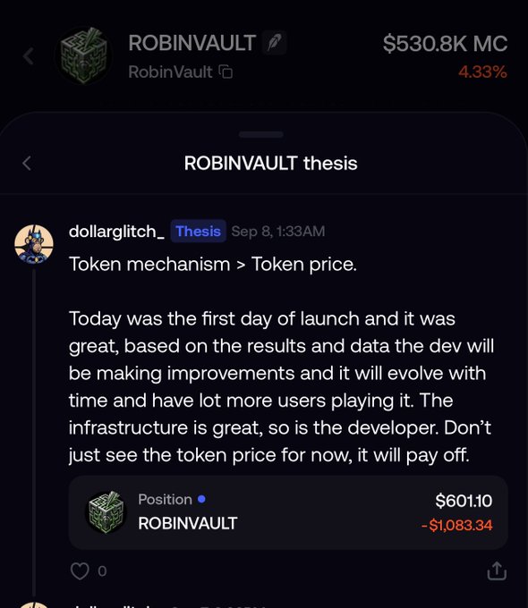 A cryptocurrency interface shows the 'ROBINVAULT' token with a value of '$530.8K MC' and a 4.33% change, featuring a post from 'dollarglitch_' titled 'ROBINVAULT thesis' discussing token mechanisms.