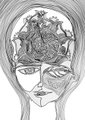 Pencil sketch portrait of a woman wearing an ornate crown-like headpiece.