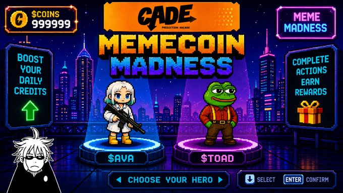 A colorful retro arcade-style game screen titled 'CADEL PRODUCTION ARCADE MEMECOIN MADNESS' featuring characters $AVA and $TOAD, with 999999 $COINS and options to boost credits and complete actions for rewards.