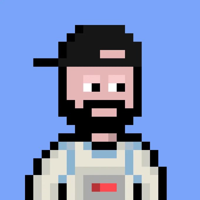 A pixel art portrait of a bearded man wearing a backwards black cap and a white apron with a red logo, set against a blue background.