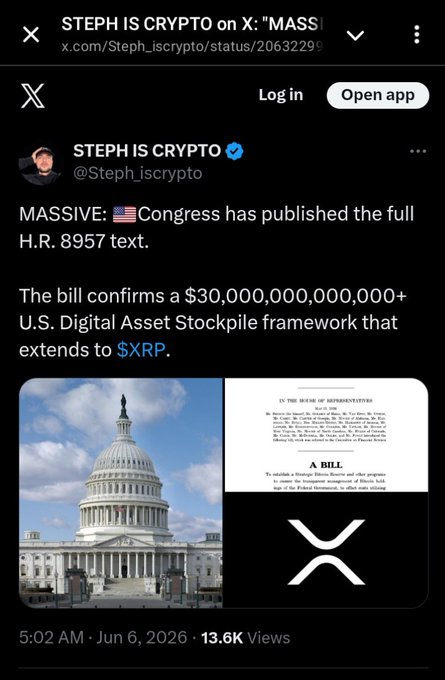 The image features a post with the author, Stephen IscIO. The post includes some text and an image of the U.S. Capitol building. It also talks about digital asset storage, specifically about XRP, which is a form of cryptocurrency that operates on an open-source software called Bitcoin protocol. The post emphasizes how massive a $XRP investment could be compared to buying shares in Facebook or other well-known companies like Google and Apple.