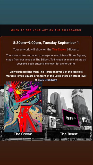 A promotional graphic for a digital art billboard display at Times Square on Tuesday September 1, featuring locations 'The Crown' and 'The Beast'.