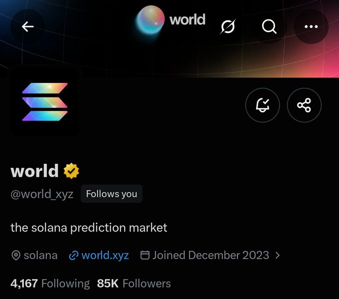 A Twitter/X profile page for 'world' (@world_xyz) describing it as 'the solana prediction market', with 4,167 Following and 85K Followers, joined December 2023.