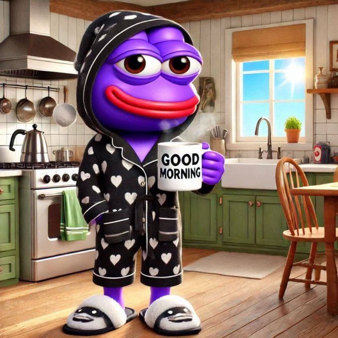 A purple Pepe the Frog character wearing heart-patterned pajamas and slippers holds a mug reading 'GOOD MORNING' in a cozy kitchen.