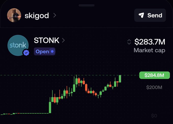 A dark-themed cryptocurrency trading interface shows a token named 'STONK' with an 'Open' status, displaying a market cap of $283.7M and a recent price chart reaching $284.8M.