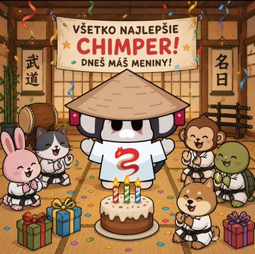 A cartoon birthday greeting in Slovak reading 'VŠETKO NAJLEPŠIE CHIMPER! DNES MÁŠ MENINY!' (Happy Birthday Chimper! It's your name day today!). The illustration features a chibi character in a conical hat surrounded by animal friends and a birthday cake.