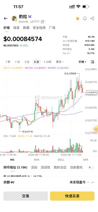 A Binance cryptocurrency chart for the token '豹拉' (0xD46...c67777) shows a price of $0.00084574 with a 6.45% increase, displaying candlestick patterns and trading metrics.
