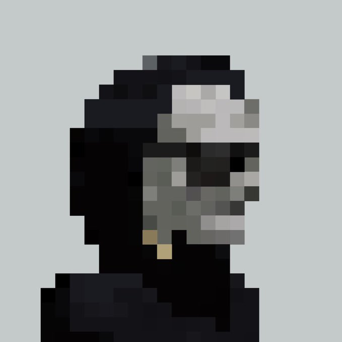A heavily pixelated side-profile portrait of a figure with gray hair or features against a light gray background.