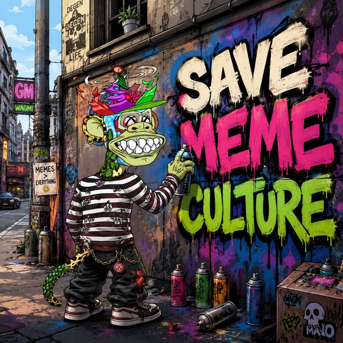 A digital illustration of a green lizard-like character in a striped shirt spray-painting a wall that reads 'SAVE MEME CULTURE' in colorful graffiti, with spray cans scattered on the ground.