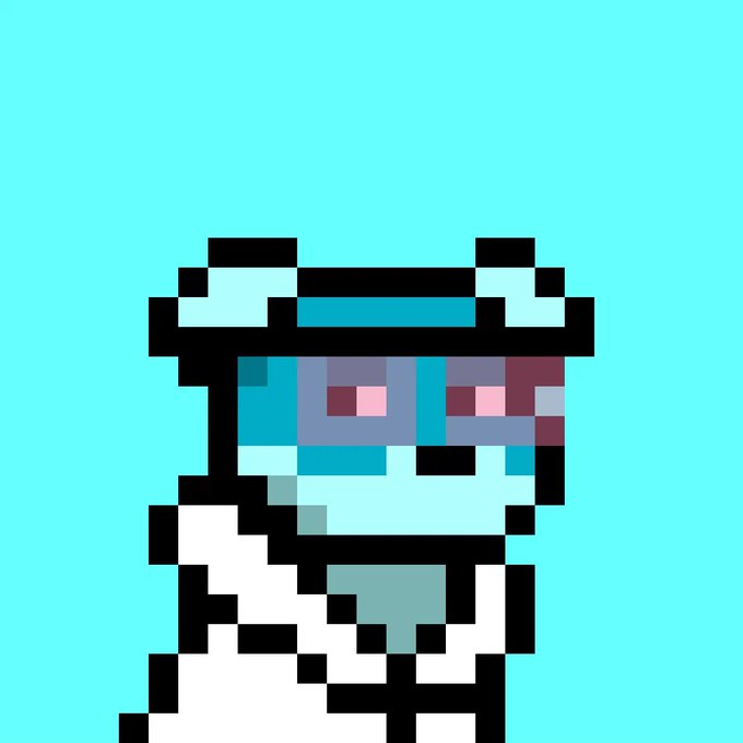 A pixel art illustration of a figure wearing blue goggles and a white lab coat or outfit against a teal background.
