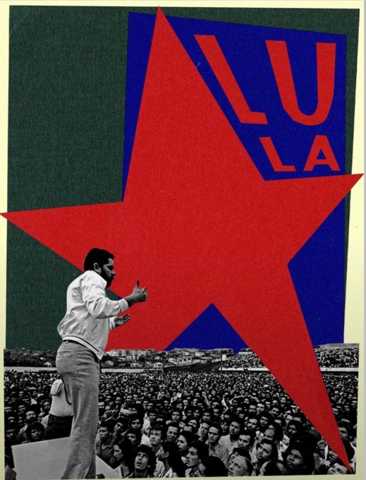 A collage-style poster featuring a black and white photo of a man giving a thumbs-up to a large crowd at a rally, overlaid with a large red star and blue background containing the text 'LU LU LA'.