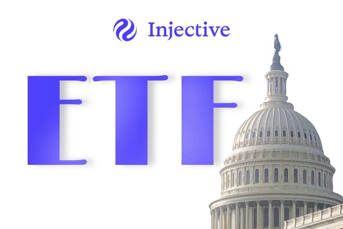 A graphic showing the Injective logo above large purple 'ETF' text, set against an image of the US Capitol building dome.