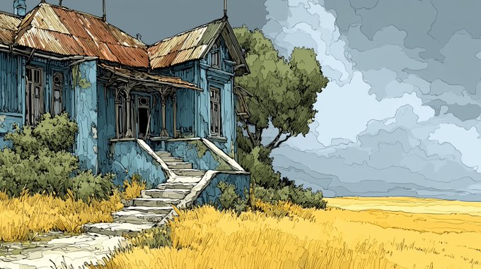 An illustrated scene of an old blue house with a rusty metal roof and stone steps, surrounded by golden grass and trees under a cloudy sky.
