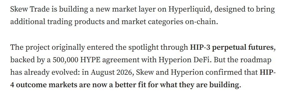 A text excerpt explaining that Skew Trade is building a new market layer on Hyperliquid, mentioning HIP-3 perpetual futures and HIP-4 outcome markets.