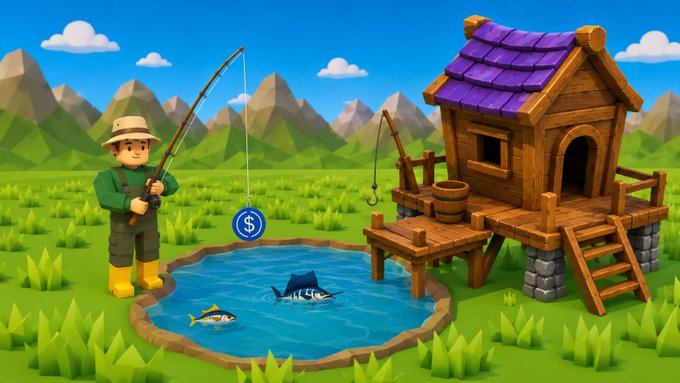 A 3D cartoon-style illustration of a fisherman catching a fish with a dollar sign attached to the line, next to a wooden cabin and pond.