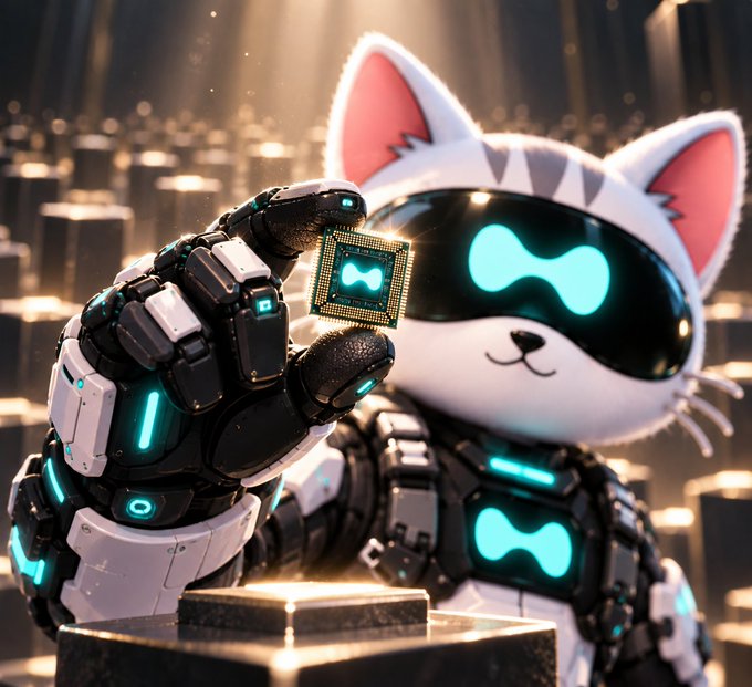 A 3D render of a robotic white cat with glowing cyan visor eyes, wearing futuristic armor and holding up a glowing microchip.
