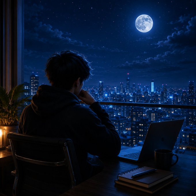 An anime-style illustration shows a young man with dark hair sitting at a desk with a laptop, gazing out a window at a city skyline under a large full moon at night.