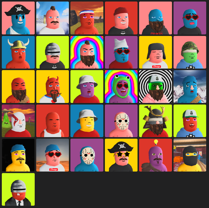 A grid display of 31 collectible avatar NFTs featuring colorful cartoon characters with various hats, masks, and facial expressions on bright backgrounds.
