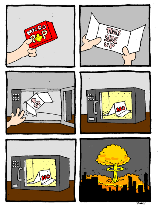 A hand microwaves a folded paper labeled "THIS SIDE UP" despite the box clearly displaying "MICRO CAP" on one side and "NO" on the other, culminating in a nuclear mushroom cloud destroying a city.

The comic satirizes the post's warning: investors ignore clear "no" signals on micro-cap projects, force-feed them into hyped cycles ("microwaving"), and ultimately trigger catastrophic blow-ups while chasing narratives that have already been saturated on their timelines.