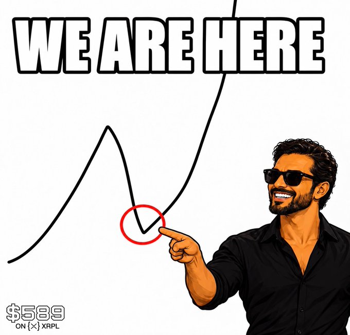 A cartoon-style promotional graphic showing a smiling man with sunglasses pointing at a red-circled dip on a line chart with text reading 'WE ARE HERE' and '$589 ON XRPL'.