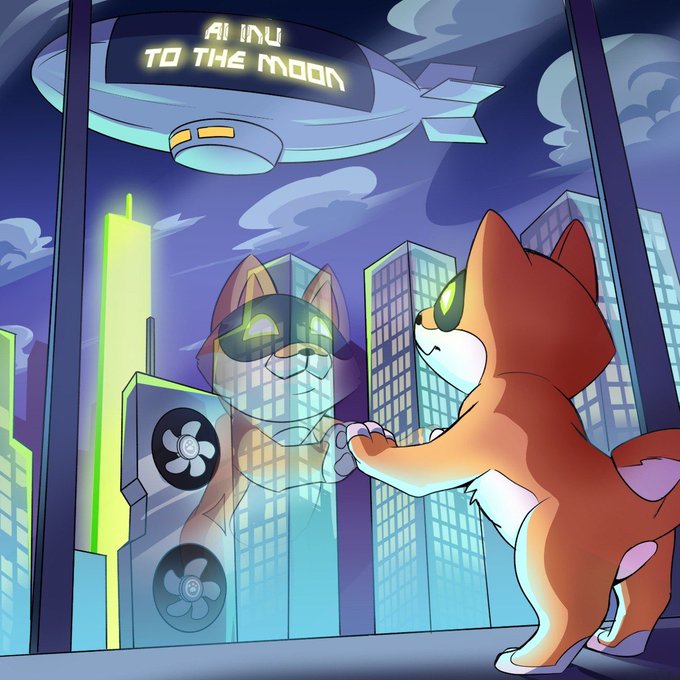 A cartoon Shiba Inu dog gazes at its own reflection in a skyscraper window while a blimp overhead displays "AI INU TO THE MOON" against a futuristic cityscape. The image ties to the post's bullish "to the moon" rallying cry, symbolizing the strong remaining holders after all the weak hands have been shaken out, signaling a major move ahead.