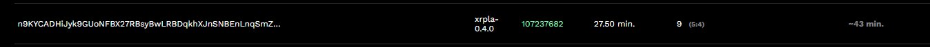 A dark-themed cryptocurrency mining dashboard showing a worker ID 'n9KYCADHiJyk9GUoNFBX27RBsyBwLRBDqkhXJnSNBEnLnqSmZ...', the algorithm 'xrppla-0.4.0', and hashrate statistics including '107237682' and '27.50 min.'.
