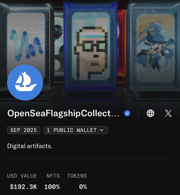 A screenshot of an OpenSea wallet profile named 'OpenSeaFlagshipCollect...' with the account name truncated, showing a USD value of $192.3K, 100% NFTs, and a bio reading 'Digital artifacts.' alongside digital art collectibles.