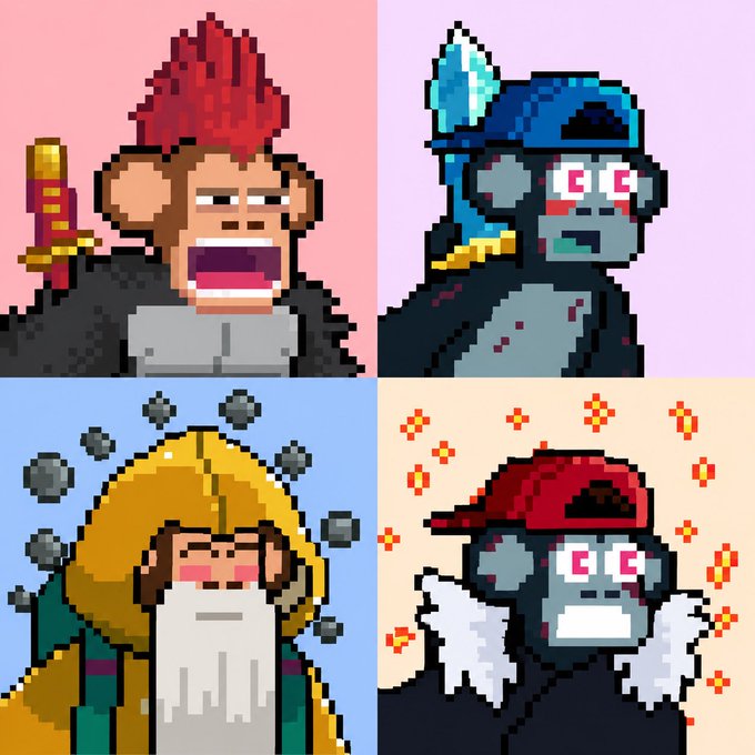 A pixel art image divided into four quadrants featuring character portraits, including a warrior with red hair, a blue-skinned figure with a crystal hat, a hooded character, and an angry figure in a red cap.