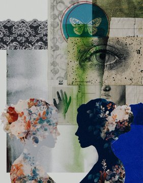 A mixed-media collage artwork featuring a silhouette of a woman with flowers in her hair, alongside an eye illustration and a butterfly in a blue circle.