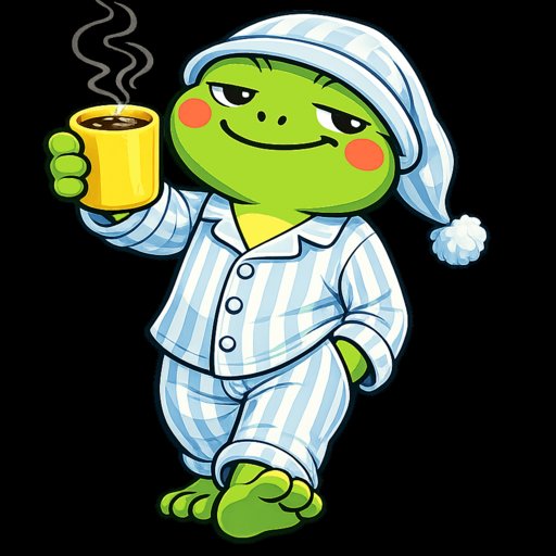 A cartoon of a green frog wearing blue and white striped pajamas and a nightcap, happily holding a steaming cup of coffee.