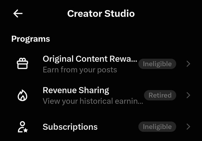 A screenshot of the Creator Studio 'Programs' page showing three options: 'Original Content Rewards' and 'Subscriptions' both marked 'Ineligible', and 'Revenue Sharing' marked 'Retired'.
