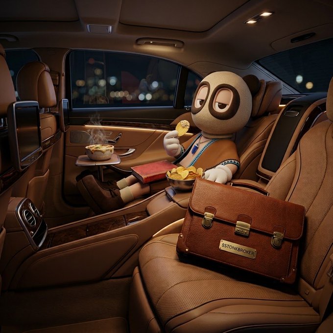 A panda character sits in the back seat of a luxurious car, eating potato chips with a bowl of food on a tray table. A brown leather briefcase with the text 'SSTONKBRONKER' rests on the seat next to it.