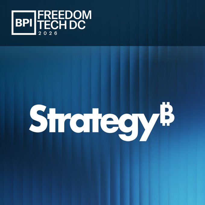 A blue-toned graphic displays the BPI Freedom Tech DC 2026 logo and the "Strategy₿" brand name.