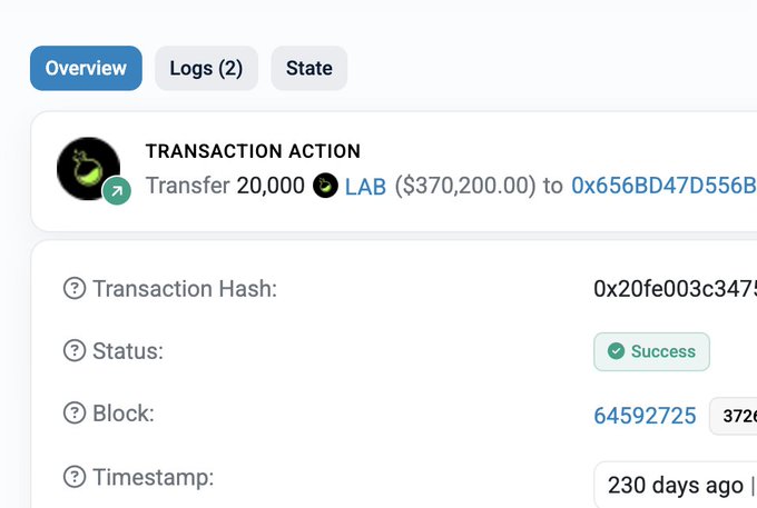 The image shows an overview view of a transaction action being performed by someone named Lab on a blockchain platform. The text indicates that this action was carried out a week ago, with a transaction value of $30,000,000 worthing. There is also information about blocks and hashes involved in the transaction. The overall impression is one of success or accomplishment related to the lab's transaction activity.