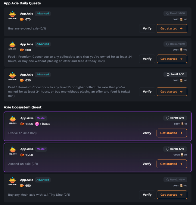A dark-themed digital interface displaying 'App.Axie Daily Quests' and 'Axie Ecosystem Quest' with various tasks, rewards (BP, AXS), 'Verify' and 'Get started' buttons.