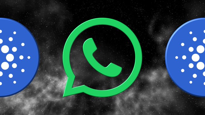 The image displays the green WhatsApp logo flanked by two blue Cardano (ADA) logos against a dark, space-like background. This visual directly represents the post's announcement about WhatsApp's integration with Cardano, enabling ADA and USDCx transactions through the ChatterPay wallet on the messaging platform.