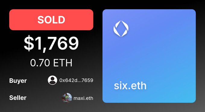 A NFT sale confirmation for the domain 'six.eth' showing it SOLD for $1,769 (0.70 ETH) from seller maxi.eth to buyer 0x642d...7659.