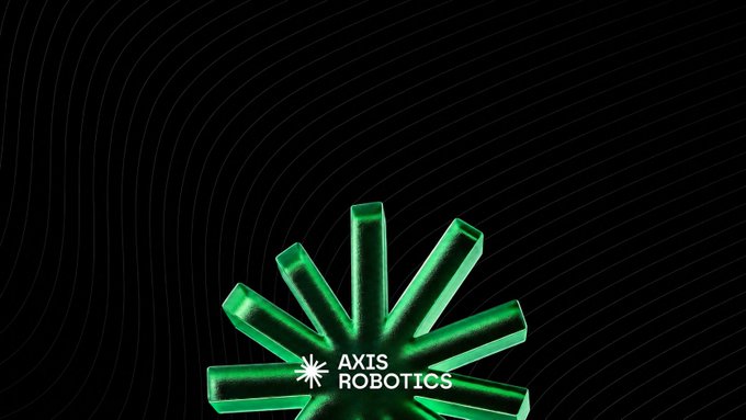 A dark background with subtle curved lines features a glowing green 3D starburst logo for 'AXIS ROBOTICS' at the bottom center.