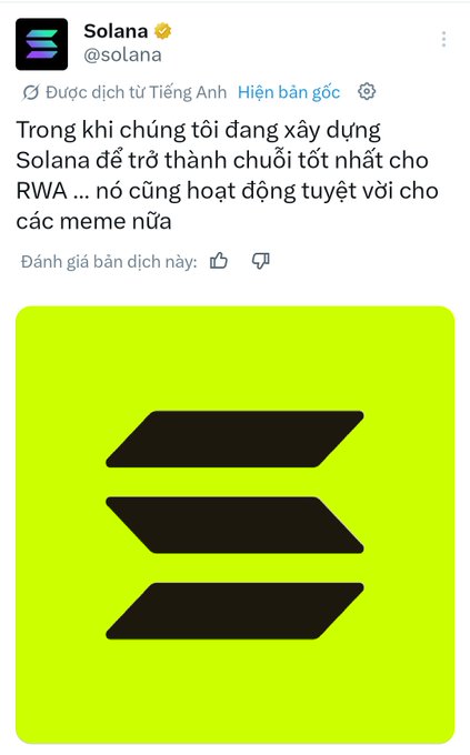 A tweet from Solana (@solana) in Vietnamese reading 'Trong khi chúng tôi đang xây dựng Solana để trở thành chuỗi tốt nhất cho RWA ... nó cũng hoạt động tuyệt vời cho các meme nữa' above the black Solana logo on a bright green background.