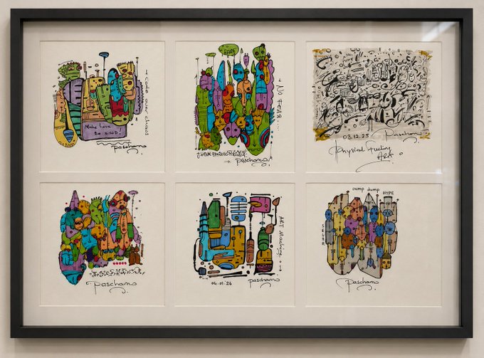 A framed artwork displaying six colorful, doodle-style illustrations arranged in a 2x3 grid, each signed 'Paschano' with various dates and annotations like 'LA NAVAJA' and 'Physique de jeu'.