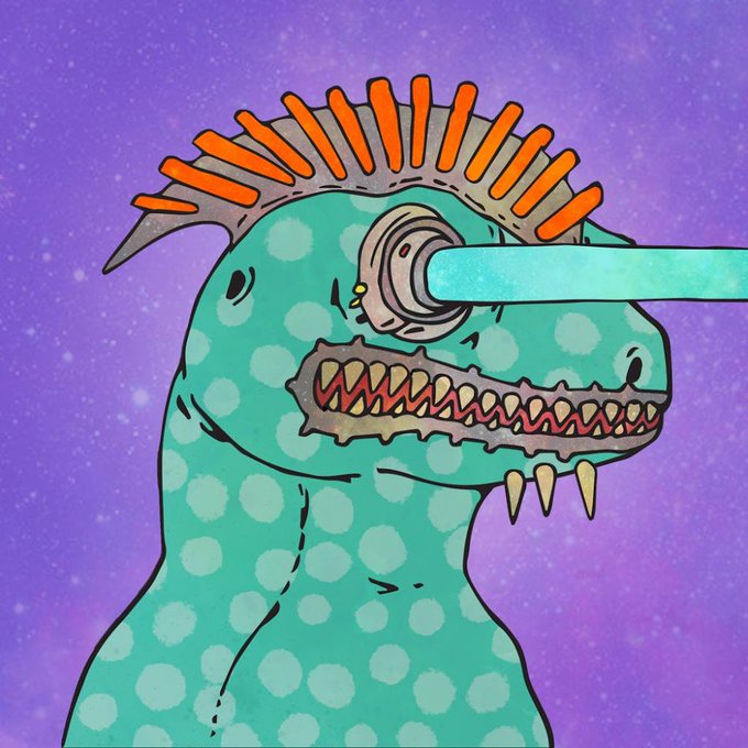 A hand-drawn illustration of a teal dinosaur with light blue spots, spiky orange mohawk, and sharp teeth shooting a blue laser beam from its eye against a purple starry background.