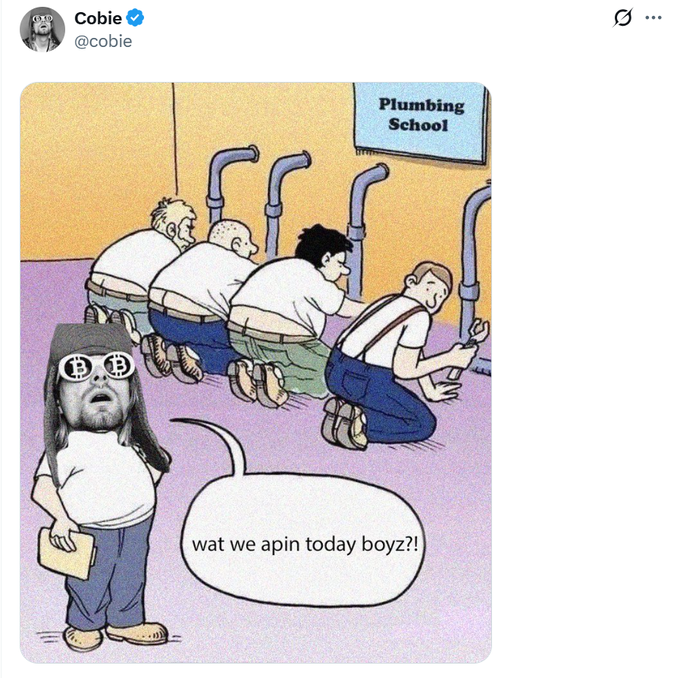 A child wearing dollar-sign glasses asks the men lined up at urinals at "Plumbing School" "wat we apin today boyz?!," humorously representing the "plumber" meme where retail/blue-collar investors challenge crypto "oldheads." The image playfully visualizes the $PLUMBER narrative of everyday investors engaging in on-chain trading.