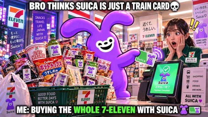 A meme image set in a 7-Eleven showing the purple Suica mascot surrounded by snacks, with a shocked cashier; text reads 'BRO THINKS SUICA IS JUST A TRAIN CARD 💀', 'ELEVEN', 'SNACKS TRAVEL LIFE JAPAN WITH SUICA ♡', and 'ME: BUYING THE WHOLE 7-ELEVEN WITH SUICA'.