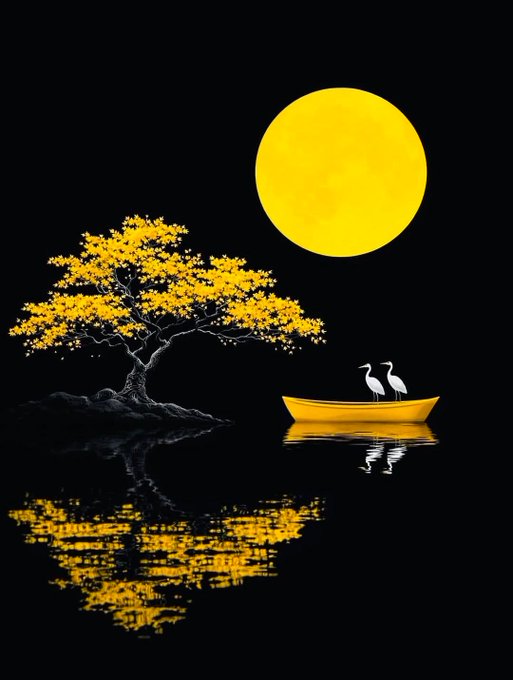 A stylized digital artwork with a black background featuring a bright yellow full moon, a golden-leaved tree, and two white birds on a small yellow boat, all reflected in water below.