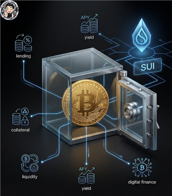 A digital graphic showing a Bitcoin coin inside an open safe with a glass case, surrounded by interconnected icons labeled 'lending,' 'APY yield,' 'collateral,' 'liquidity,' and 'digital finance,' alongside a SUI blockchain logo.