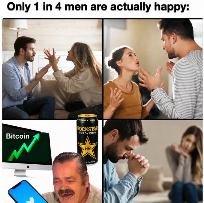 A meme titled "Only 1 in 4 men are actually happy:" shows four panels: couples arguing in the top row, and a montage in the bottom row featuring a Bitcoin rising chart on a monitor, a Rockstar Energy Drink can, and a man laughing while looking at a phone, contrasted with a sad man praying while a woman sits in the background.